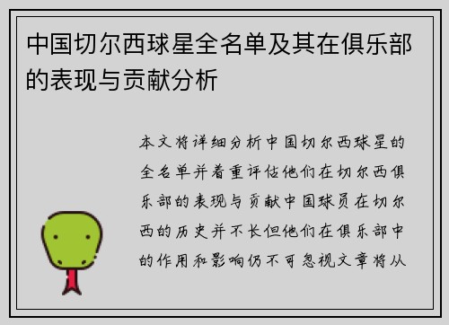 中国切尔西球星全名单及其在俱乐部的表现与贡献分析